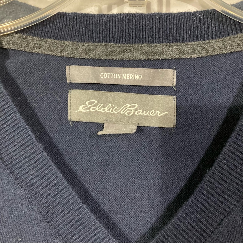 Eddie Bauer Cotton Merino Navy Blue V Neck Pullover Sweater Sz XL - Picture 3 of 3